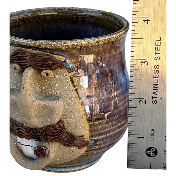 Handcrafted Thrown Ceramic Mug Whimsical Face with Cigar Stamped UR on bottom - Picture 6 of 16